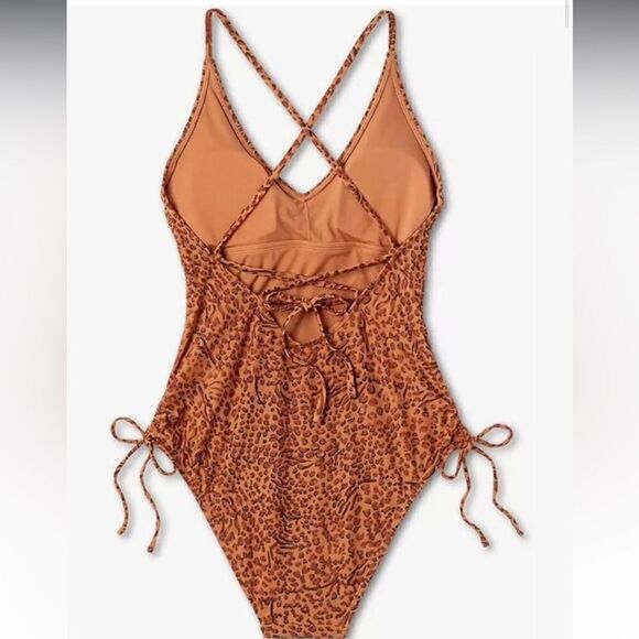 NWOT Shade & Shore One Piece Side Tie Plunge Leopard Print Swimsuit - Picture 2 of 16